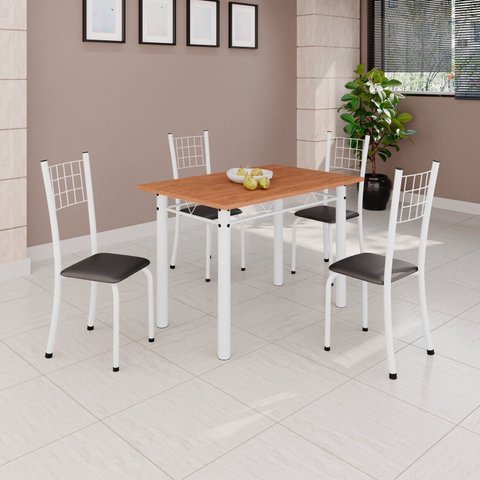 Conjunto de Mesa Tubular 100x60cm Tampo em MDF e 4 Cadeiras Dany Branco/Preto