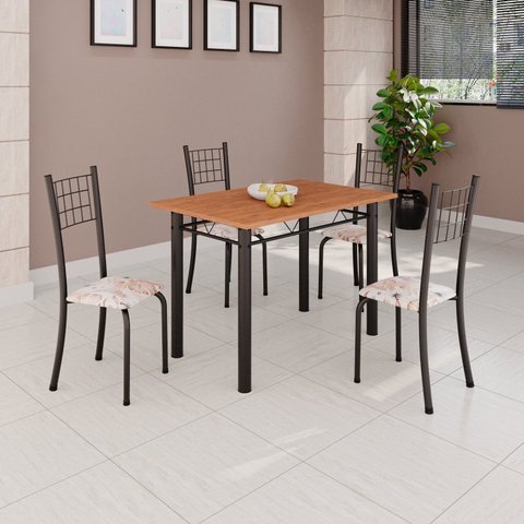Conjunto de Mesa Tubular 100x60cm Tampo em MDF e 4 Cadeiras Dany Preto/Bege