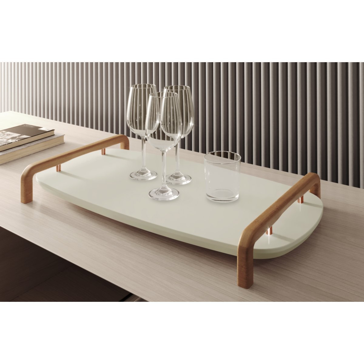 Bandeja Decorativa Barcelona Tampo Mdf Laca Detalhe Metal Cobre - Bordinhon: Off White - 2