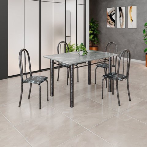 Conjunto de Mesa Tubular 120x75cm Tampo em Granito Topázio com 4 Cadeiras Iris Prata/Preto