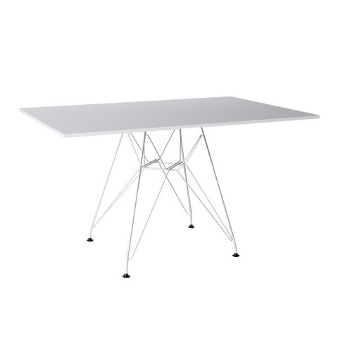 Mesa Eiffel Retangular 120x75 Tampo De Madeira Branco Com Base De Ferro Branco