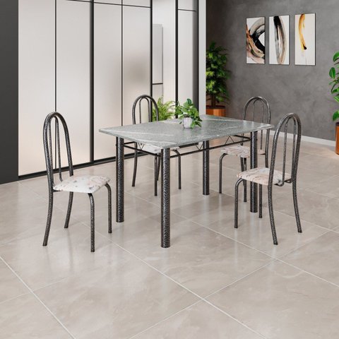 Conjunto de Mesa Tubular 120x75cm Tampo em Granito Topázio com 4 Cadeiras Iris Prata/Bege