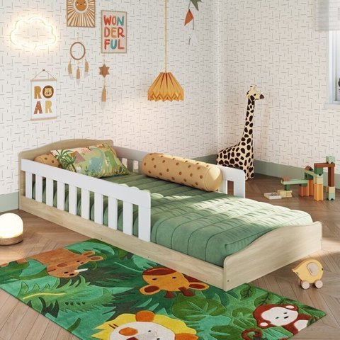 Cama Infantil Montessoriana de Solteiro Linha Encanto com Colchão Branco/Carvalho Araguaia