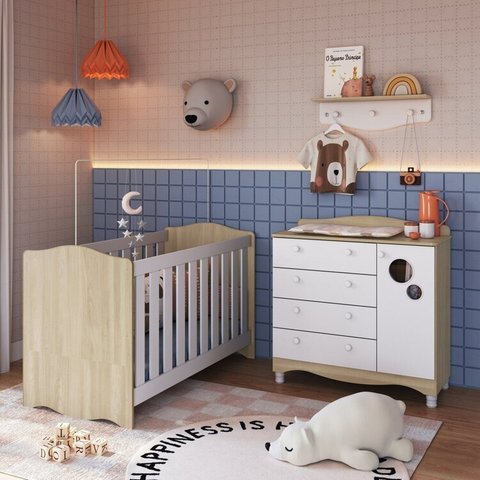 Conjunto Quarto de Bebê 1 Berço 1 Cômoda Trocador 4 Gavetas 1 Prateleira Marrom/Carvalho Araguaia/Branco