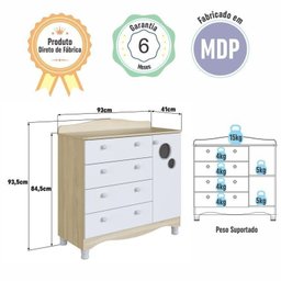 Conjunto Quarto de Bebê 1 Berço 1 Cômoda Trocador 4 Gavetas 1 Prateleira - 17