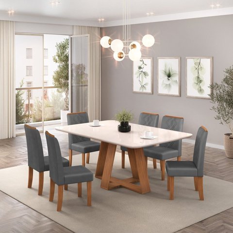 Conjunto Sala de Jantar Mesa Kiara 160cm Tampo de Vidro/MDF com 6 Cadeiras Ayla