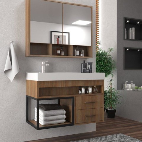 Conjunto Gabinete para Banheiro com Espelheira Avant 80 Noce/Noce