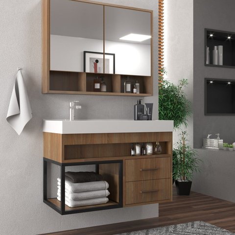 Conjunto Gabinete para Banheiro com Espelheira Avant 80 Marrom/Noce