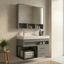 Ver imagem 1 de Conjunto Gabinete para Banheiro Suspenso com Cuba, Nicho e Espelheira em MDF Avant Cimento