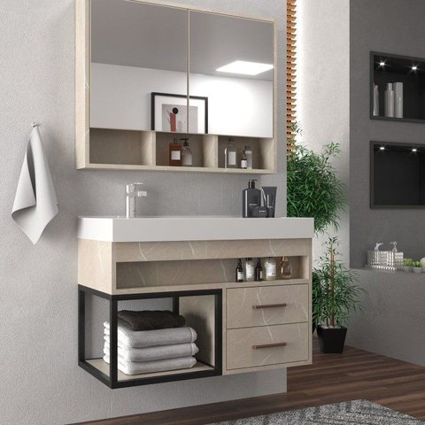 Conjunto Gabinete para Banheiro com Espelheira Avant 80 Marmo Crema/Marmo Crema