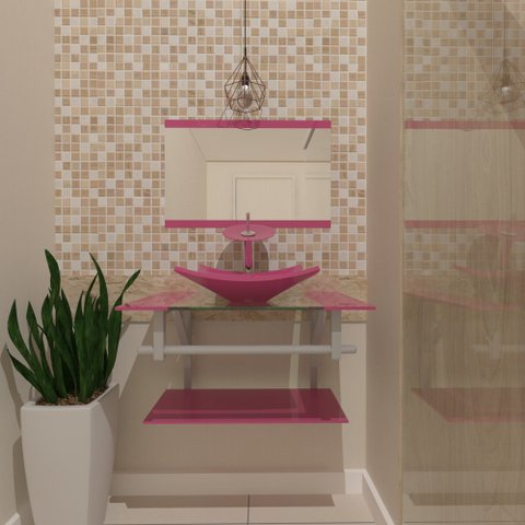 Gabinete de Vidro 80cm Ac Cuba Quadrada Rosa