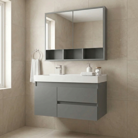 Conjunto Gabinete para Banheiro com Cuba e Espelheira Suspenso 80cm em MDF Orla Cimento