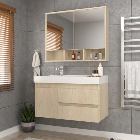 Conjunto Gabinete para Banheiro com Espelheira Orla 80 Bege/Carvalho