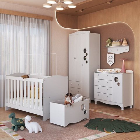 Conjunto Quarto de Bebê com Berço, Cômoda, Guarda-Roupa, Prateleira e Baú de Brinquedos Branco