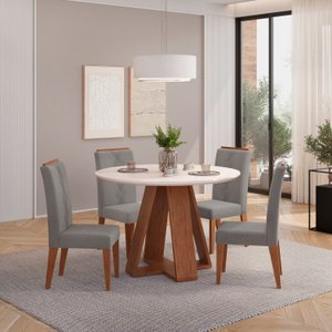Conjunto Sala de Jantar Mesa Redonda Tampo de Vidro com 4 Cadeiras Kiara