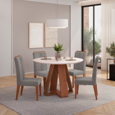 Conjunto Sala de Jantar Mesa Redonda Kiara Tampo de Vidro com 4 Cadeiras Yasmin