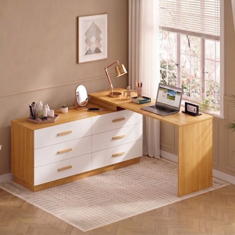 Escrivaninha Mesa Escritório em L com Cômoda Leonie 6 Gavetas 138 cm Yescasa Freijó e Branco Marrom