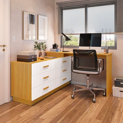 Escrivaninha Mesa Escritório em L com Cômoda Leonie 6 Gavetas 138cm Yescasa Freijó E Branco