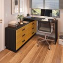 Ver imagem 4 de Escrivaninha Mesa Escritório em L com Cômoda Leonie 6 Gavetas 138cm Yescasa Preto E Amadeirado Freijó