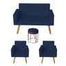 Kit Sofá 2 Lugares e 2 Poltrona para Sala Lina e 1 Puff Aramado Corino Azul Marinho - Móveis Mafer - 1