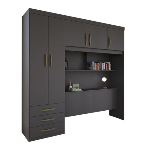 Guarda Roupa Solteiro com Cabeceira e Baú 5 Portas 3 Gavetas Cancun Grafite