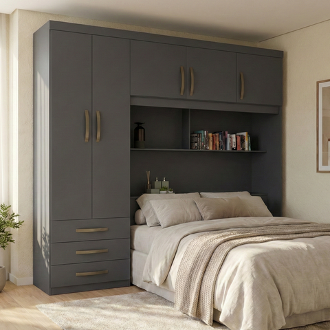 Guarda Roupa Solteiro com Cabeceira e Baú 5 Portas 3 Gavetas Cancun Grafite