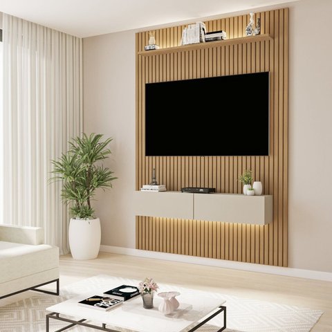 Painel Frisado para TV até 50 Polegadas com LED 218cm x 134cm Marrom Cinamomo/Off White Curitiba