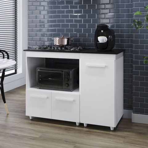 Balcão Cooktop Maya 115cm 3 Portas para Cozinha Nicho Microondas Cor:branco;tamanho:4 Bocas