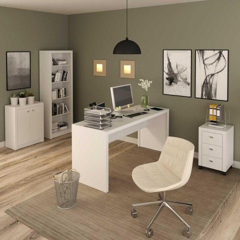 Conjunto Escritório Completo com Mesa Gaveteiro e Estante Cor:branco