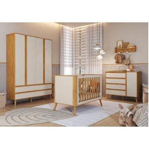 Quarto de Bebê Guarda-roupa 4 Portas Cômoda e Berço Arredondado 3 em 1 100% Mdf Luly Espresso Móveis