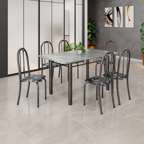 Conjunto de Mesa Tubular 140x75cm Tampo em Granito Topázio com 6 Cadeiras Iris B Prata/Preto Floral/Mart