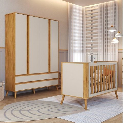 Quarto de Bebê Guarda-Roupa 4 Portas e Berço Arredondado 3 em 1 100% MDF Luly Espresso Móveis Bege/Off White/Amêndoa