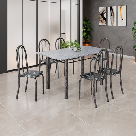 Conjunto de Mesa Tubular 140cm x 75cm Tampo em Granito Ocre com 6 Cadeiras Iris B Prata/Preto