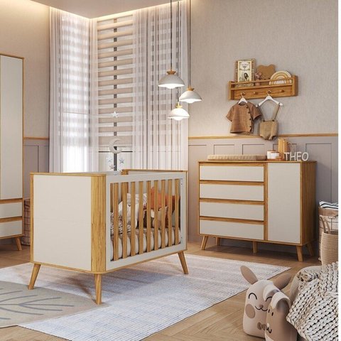 Quarto de Bebê Cômoda 1 Porta e Berço Arredondado 3 em 1 100% MDF Luly Espresso Móveis Bege/Off White/Amêndoa