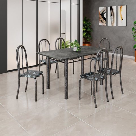 Conjunto de Mesa Tubular 140x75cm Tampo em Ardósia Indiano com 6 Cadeiras Iris B Prata/Preto/Mart