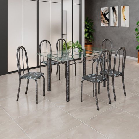 Conjunto de Mesa Tubular 140x75cm Tampo em Vidro Incolor com 6 Cadeiras Iris B Prata/Preto/Mart