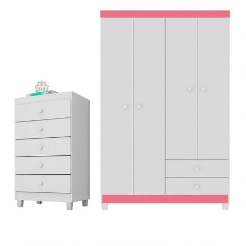 Guarda Roupa Infantil 4 Portas com Cômoda 5 Gavetas Branco Rosa