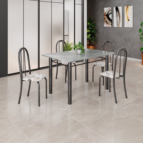 Conjunto de Mesa Tubular 120cm x 75cm Tampo em Granito Topázio com 4 Cadeiras Iris Prata/Arabesco