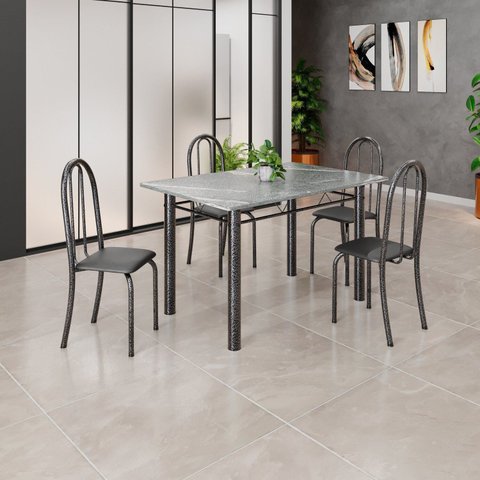 Conjunto de Mesa Tubular 120x75cm Tampo em Granito Topázio com 4 Cadeiras Iris Prata Preto Liso/Martelado