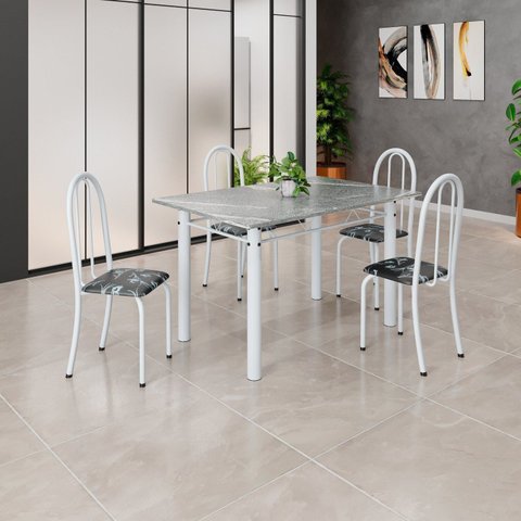 Conjunto de Mesa Tubular 120cm x 75cm Tampo em Granito Topázio com 4 Cadeiras Iris Branco/Preto