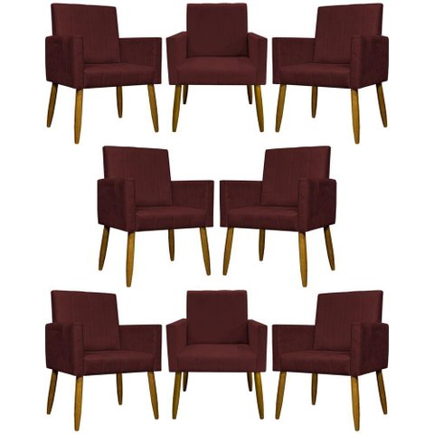 Kit 8 Poltronas Decorativas Mari Pé Palito Castanho - Bordô Suede