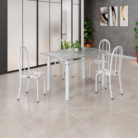 Conjunto de Mesa Tubular 120cm x 75cm Tampo em Granito Topázio com 4 Cadeiras Iris Branco/Arabesco