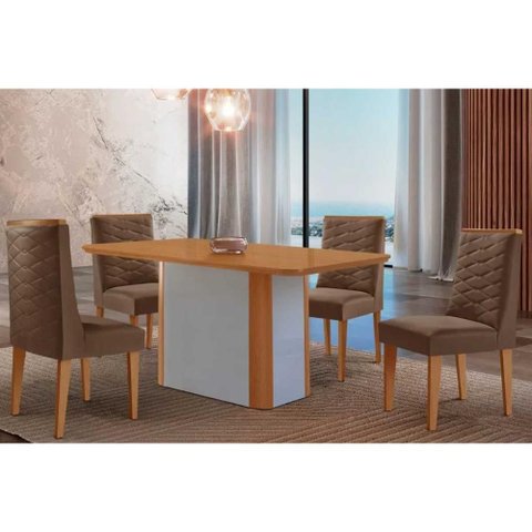 Conjunto: Mesa Sala Jantar Pietá C/ Tampo Madeirado Canto Curvo 120x80cm e 4 Cadeiras Dafne