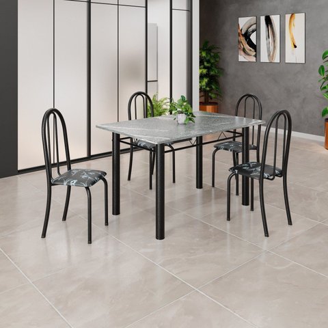 Conjunto de Mesa Tubular 120cm x 75cm Tampo em Granito Topázio com 4 Cadeiras Iris Preto