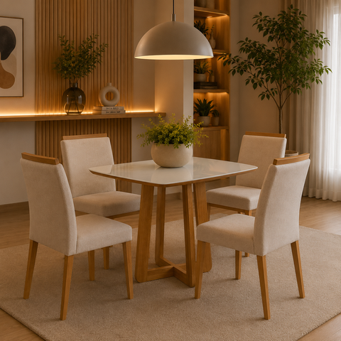 Mesa de Jantar 4 Lugares Tampo Barril com Vidro Temperado MDF e Eucalipto Iza Art Assentos