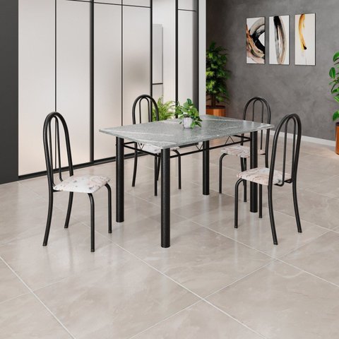 Conjunto de Mesa Tubular 120cm x 75cm Tampo em Granito Topázio com 4 Cadeiras Iris Preto/Bege