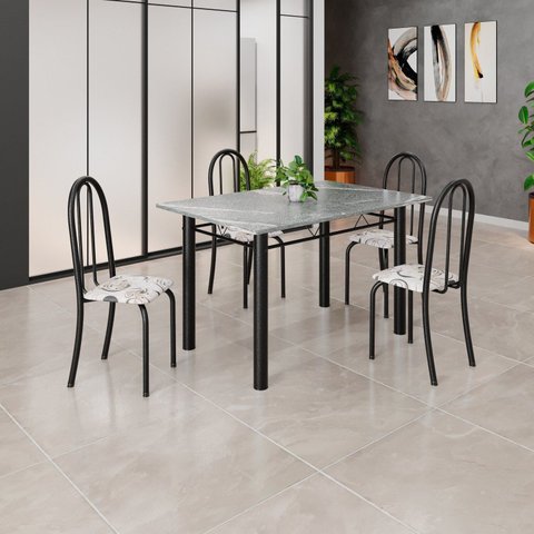 Conjunto de Mesa Tubular 120cm x 75cm Tampo em Granito Topázio com 4 Cadeiras Iris Preto/Arabesco