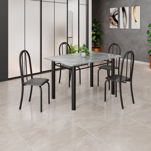 Conjunto de Mesa Tubular 120cm x 75cm Tampo em Granito Topázio com 4 Cadeiras Iris Preto