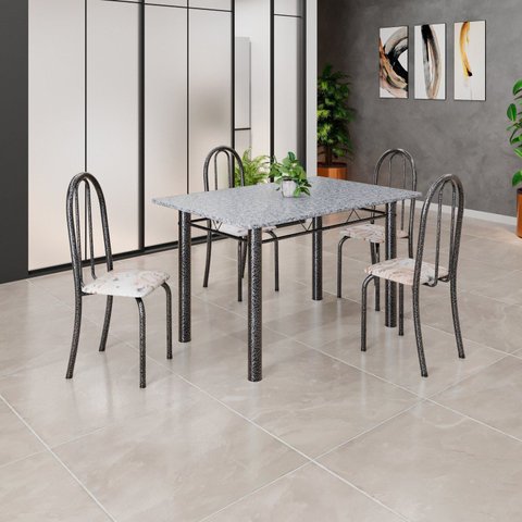 Conjunto de Mesa Tubular 120cm x 75cm Tampo com 4 Cadeiras Iris B Prata/Bege