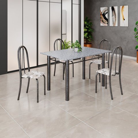 Conjunto de Mesa Tubular 120cm x 75cm Tampo com 4 Cadeiras Prata/Arabesco